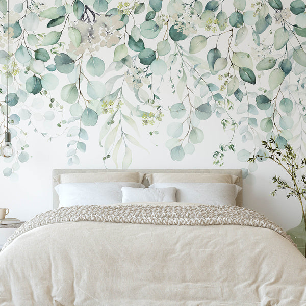 Detailed view of Eucalyptus wall mural with overlapping watercolor branches and leaves in calming shades of mint and teal. The white background adds lightness, ideal for a modern organic home office or hallway. Made in the USA, this temporary wallpaper offers a subtle matte finish and is perfect for designers seeking understated elegance.