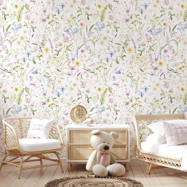 Pastel Delicate Wildflowers Wallpaper S073 - CostaCover - Peel and stick Removable Wallpaper - accent wallpaper - adhesive wallpaper - baby bedroom