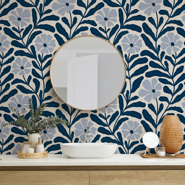 Blue Floral Botanical Wallpaper W142 - CostaCover-Peel and stick Removable Wallpaper-Abstract-abstract floral-Abstract Labyrinth Lines