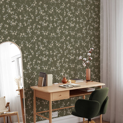 Olive Green Mini Floral Wallpaper W149