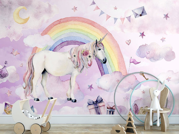 Fairy Unicorn & Rainbow Wall Mural WM068 - CostaCover - Peel and stick Removable Wallpaper - abstract wallpaper - accent wallpaper - adhesive wallpaper