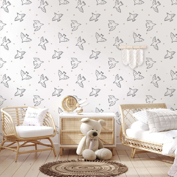 Black Birds & Stars Wallpaper S052 - CostaCover - Peel and stick Removable Wallpaper - abstract lines - abstract wall art - abstract wallpaper