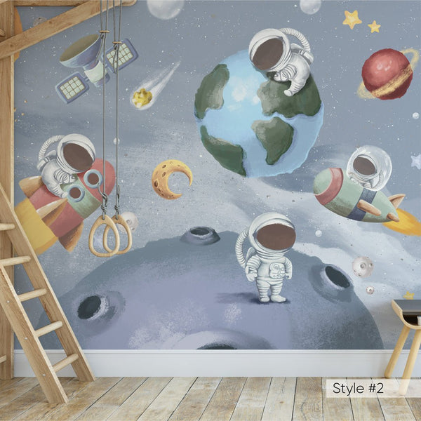 Space World & Astronauts Wall Mural WM077 - CostaCover - Peel and stick Removable Wallpaper - abstract wallpaper - adhesive wallpaper - aqua blue