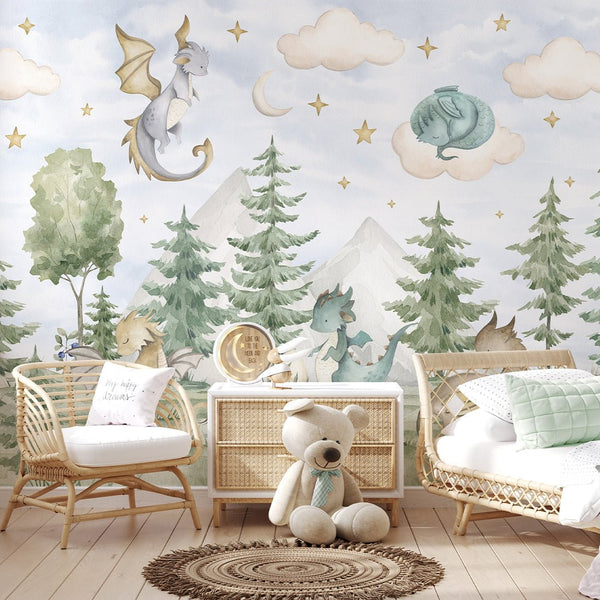 Dragons in Forest Wall Mural SM037 - CostaCover - Peel and stick Removable Wallpaper - accent wallpaper - adhesive wallpaper - baby bedroom