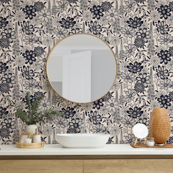 Beige Black Wild Flowers Wallpaper W139 - CostaCover - Peel and stick Removable Wallpaper - Abstract - abstract floral - abstract lines