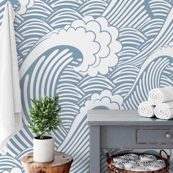 Blue Japanese Waves Wall Mural WM015 - CostaCover - Peel and stick Removable Wallpaper - adhesive wallpaper - aqua blue - Aqua blue wallpaper