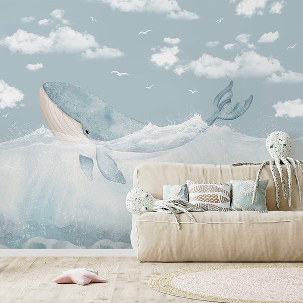 Blue Whale & Sky Wall Mural SM057 - CostaCover - Peel and stick Removable Wallpaper - accent wallpaper - adhesive wallpaper - Aqua blue wallpaper