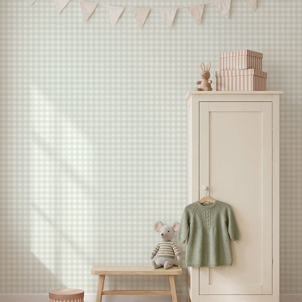 Soft sage plaid wallpaper with crisp white blocks and delicate woven-style lines, perfect for farmhouse, cottage, or nursery decor.
