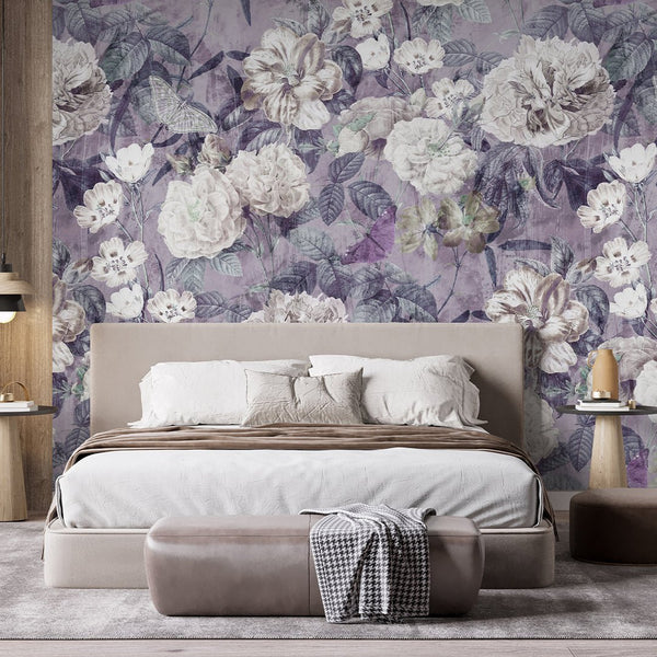 Purple Vintage Flower Garden Wall Mural SM048 - CostaCover - Peel and stick Removable Wallpaper - accent wallpaper - adhesive wallpaper - bathroom wallpaper