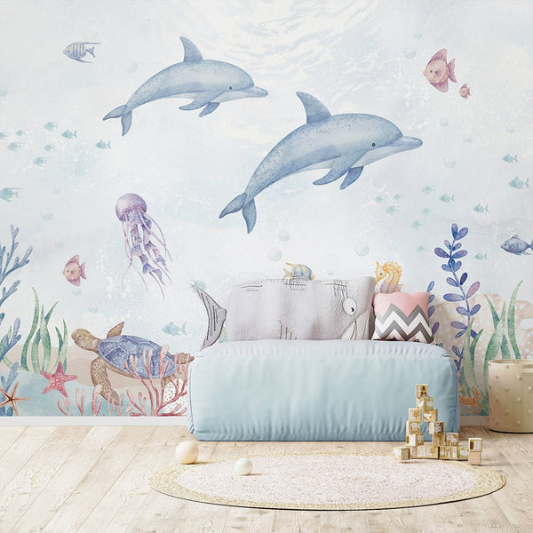 Blue Dolphins Wall Mural SM060 - CostaCover - Peel and stick Removable Wallpaper - accent wallpaper - adhesive wallpaper - baby bedroom