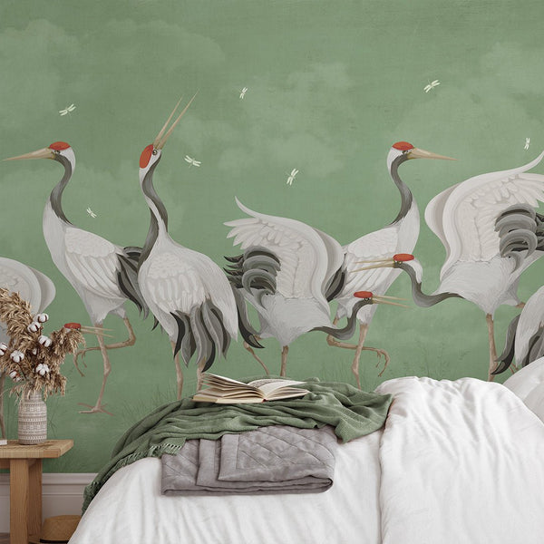 Green Japanese Cranes Wall Mural WM110 - CostaCover - Peel and stick Removable Wallpaper - accent wallpaper - adhesive wallpaper - bathroom wallpaper