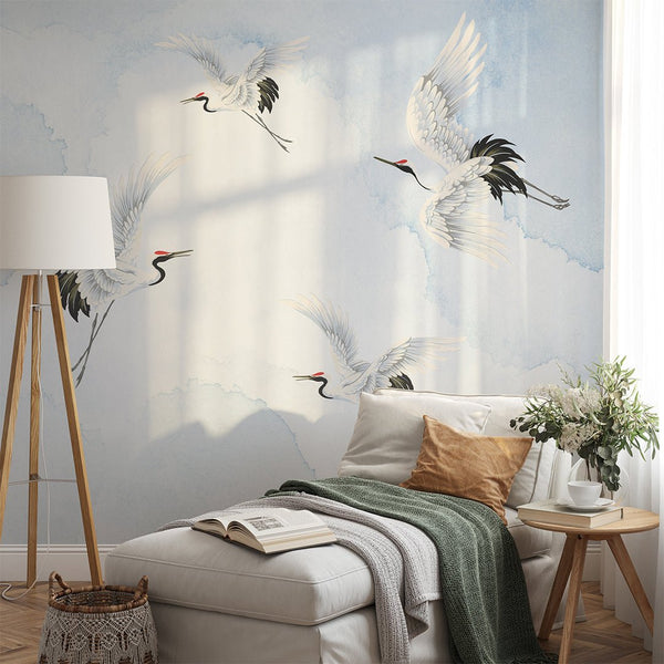 Chinoiserie Crane Blue Grasscloth Wall Mural CG004 - CostaCover - Traditional Wallpaper - abstract wallpaper - accent wallpaper - bathroom wallpaper