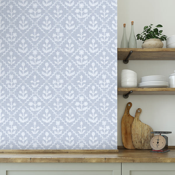 Dusty Blue Linen Floral Lattice Wallpaper L123