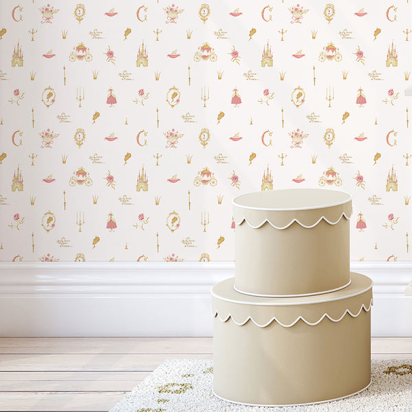 Delicate fairy tale wallpaper in soft pink, gold and beige with princess dresses, castles, carriages and romantic storybook details for a nursery.