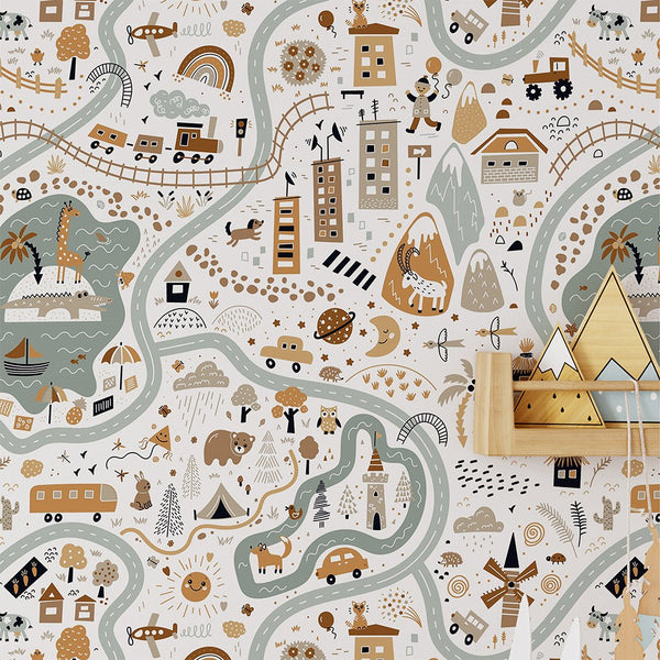 Cartoon World Map Wallpaper CC294 - CostaCover - Peel and stick Removable Wallpaper - adhesive wallpaper - animal print - Animal print wallpaper