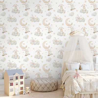 Beige Bunnies on Clouds Wallpaper S107