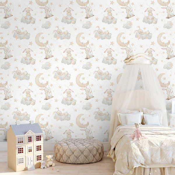 Beige Bunnies on Clouds Wallpaper S107 - CostaCover - Peel and stick Removable Wallpaper - accent wallpaper - adhesive wallpaper - animal print