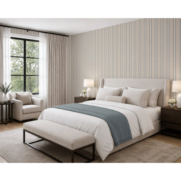 Removable beige and blue striped wallpaper showcasing a classic ticking pattern with fine herringbone-style detailing, suitable for coastal farmhouse home decor.