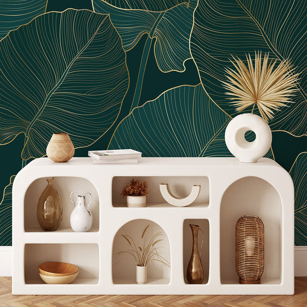 Green Gold Effect Leaves Wall Mural CCM179 - CostaCover - Peel and stick Removable Wallpaper - Abstract - abstract floral - abstract lines