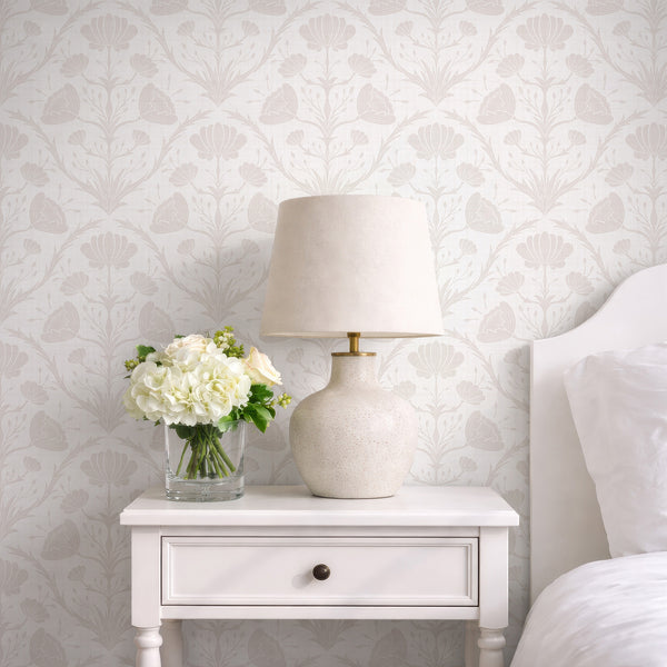 Vintage-inspired wallpaper with tidy vertical floral columns, ideal for a serene nursery or entryway seeking a soft, restrained floral repeat.