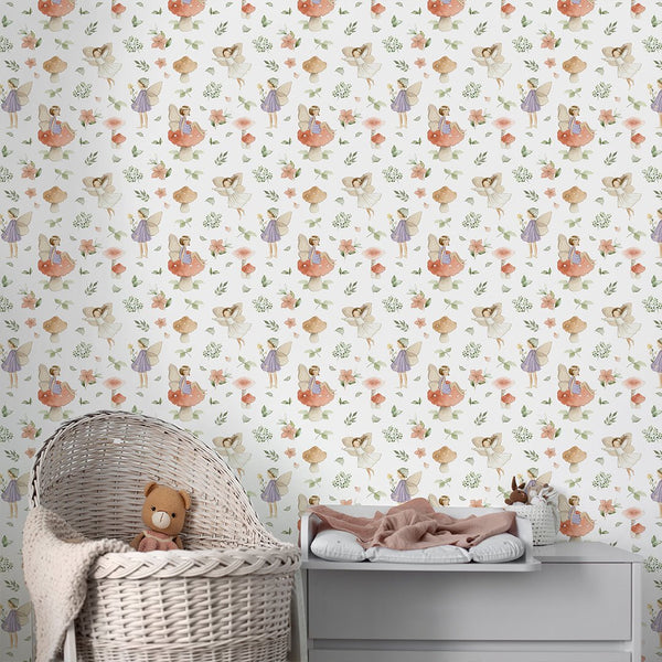 Cute Fairy and Mushroom Wallpaper S084 - CostaCover - Peel and stick Removable Wallpaper - accent wallpaper - adhesive wallpaper - baby bedroom