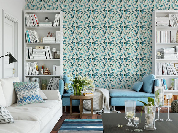 Blue Green Twigs Leaves Wallpaper CC213 - CostaCover - Peel and stick Removable Wallpaper - adhesive wallpaper - aqua blue - Aqua blue wallpaper