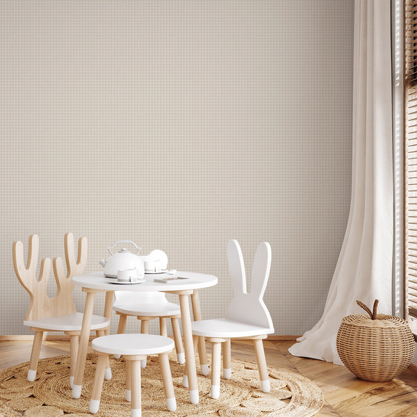 Neutral patterned wallpaper with a beige textured background and repeating white geometric lattice design for minimalist and modern interiors.