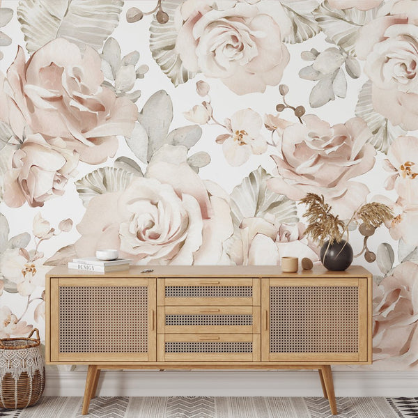 Soft Roses & Eucalyptus Wall Mural WM023 - CostaCover - Peel and stick Removable Wallpaper - adhesive wallpaper - baby bedroom - bedroom interior