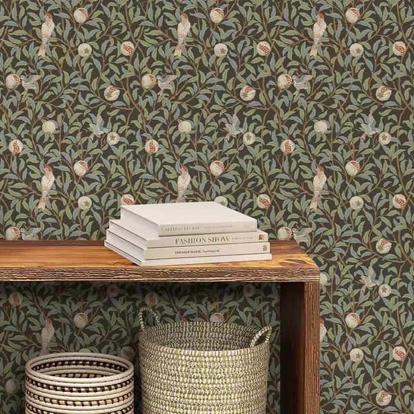 Green Bird & Pomegranate by Morris Wallpaper W085 - CostaCover - Peel and stick Removable Wallpaper - abstract floral - abstract wall art - abstract wallpaper