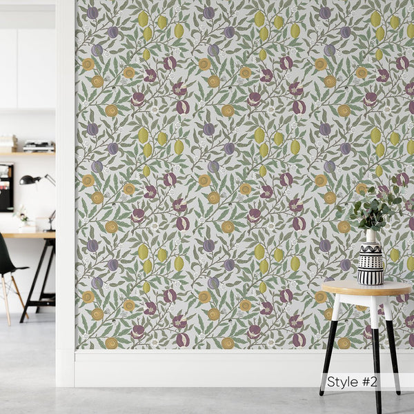 Green & White Fruit or Pomegranate by Morris Wallpaper W115 - CostaCover - Peel and stick Removable Wallpaper - abstract floral - abstract wall art - abstract wallpaper
