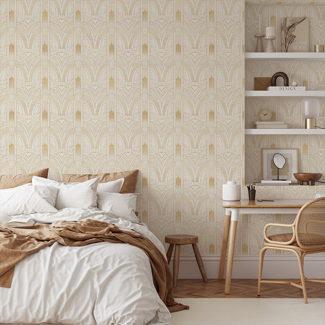 White Gold Effect Art Deco Wallpaper CC321