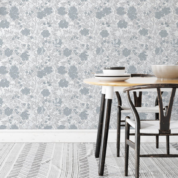 Blue & Gray Jasmine by Morris Wallpaper W104 - CostaCover - Peel and stick Removable Wallpaper - abstract floral - abstract wallpaper - accent wallpaper