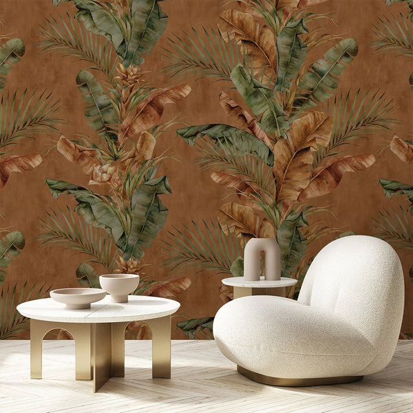 Terracotta Tropical Leaves Wallpaper A129 - CostaCover - Peel and stick Removable Wallpaper - accent wallpaper - adhesive wallpaper - bathroom wallpaper