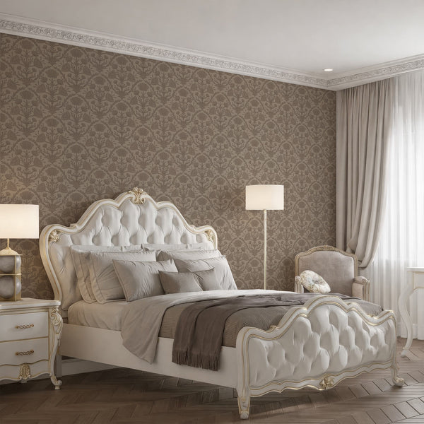 Historic taupe floral wallpaper featuring clustered blooms in close rows, suitable for traditional or cottagecore interiors. The self-adhesive, high-quality design offers a temporary decor solution, ideal for renters seeking a touch of vintage elegance.
