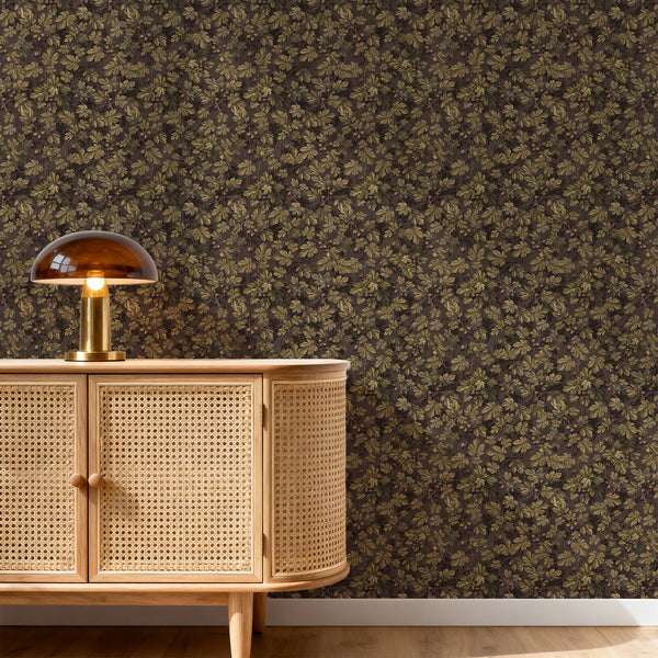 Moody fruit wallpaper with an allover repeating fig tree pattern, antique botanical detailing and earthy olive green tones for dining room decor.