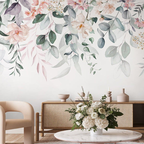 Pink Hanging Flowers and Leaves Wall Mural SM022 - CostaCover - Peel and stick Removable Wallpaper - accent wallpaper - adhesive wallpaper - bathroom wallpaper