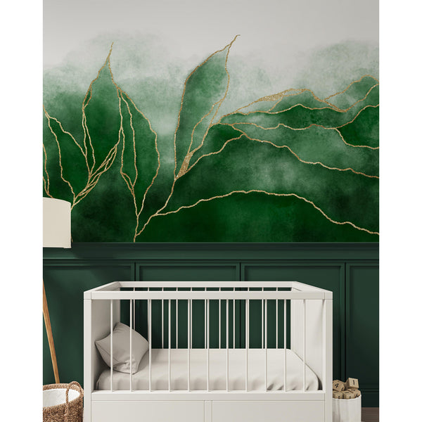 Expansive Green Gold Leaves Wall Mural with watercolor greens and delicate gold lines tracing leaf-like shapes. Suitable for bedrooms or hallways, this removable wallpaper adds a serene, sophisticated touch with its airy negative space and gentle undulating forms, perfect for those seeking a stylish yet temporary decor solution.
