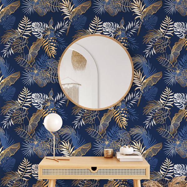 Navy Blue & Gold Palm Leaves Wallpaper CC295 - CostaCover - Peel and stick Removable Wallpaper - accent wallpaper - adhesive wallpaper - bathroom wallpaper