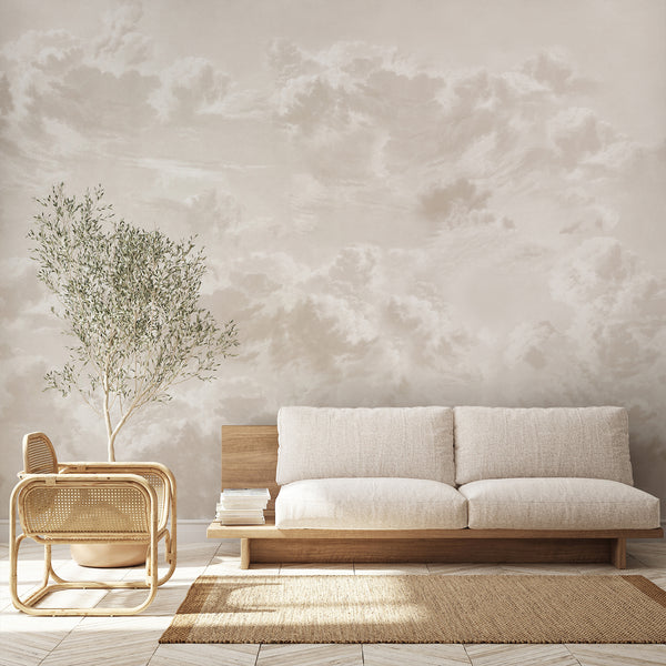 Neutral beige cloud wall mural featuring soft dreamy clouds and warm ivory sky tones, creating an airy backdrop for a peaceful bedroom or nursery.