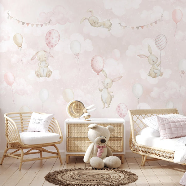 Pink Bunny & Balloons Wall Mural SM077 - CostaCover - Peel and stick Removable Wallpaper - abstract wall art - abstract wallpaper - accent wallpaper