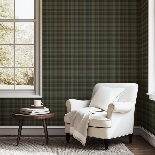 Dark green plaid wallpaper featuring a vintage tartan check pattern with forest green, charcoal, olive, and muted brown tones for a cozy bedroom accent wall.