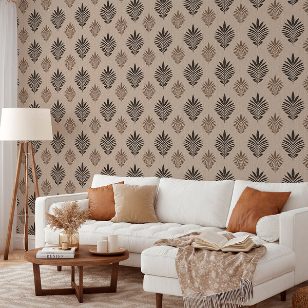 Beige Black Leaf Wallpaper L026