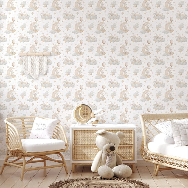 Cute Bunnies on Clouds Wallpaper S108 - CostaCover - Peel and stick Removable Wallpaper - accent wallpaper - adhesive wallpaper - animal print