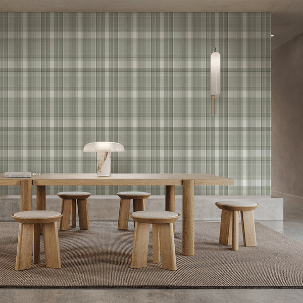 Sage green removable wallpaper featuring a geometric plaid check pattern in muted green and cream tones for farmhouse and cottagecore bedroom decor.