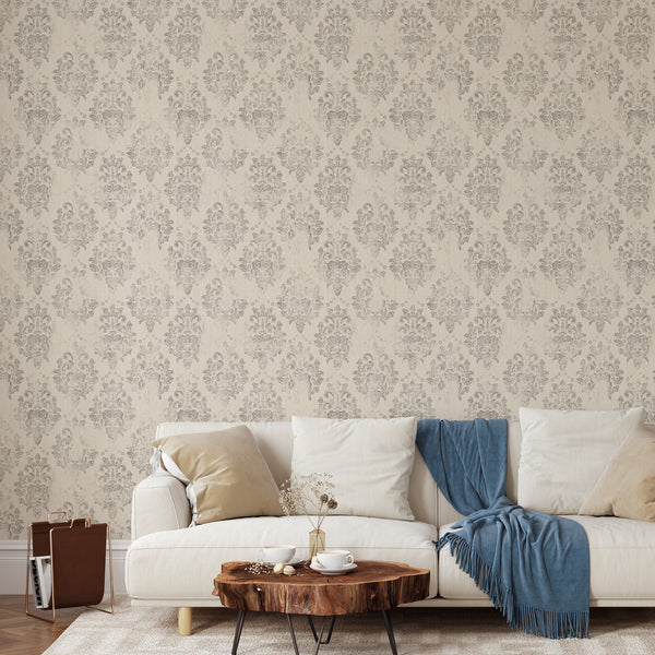 High-quality removable damask wallpaper with ornate scrollwork, enhancing the sophistication of any room.