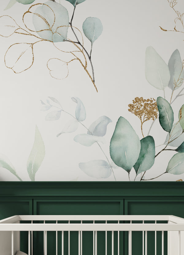 A detailed view of Green Eucalyptus Wall Mural featuring asymmetrical eucalyptus branches with delicate vein details. The tall, vertical flow adds height to home offices or dining areas, providing a calm atmosphere. This self-adhesive wallpaper is perfect for renters wanting a temporary, Made in the USA solution.
