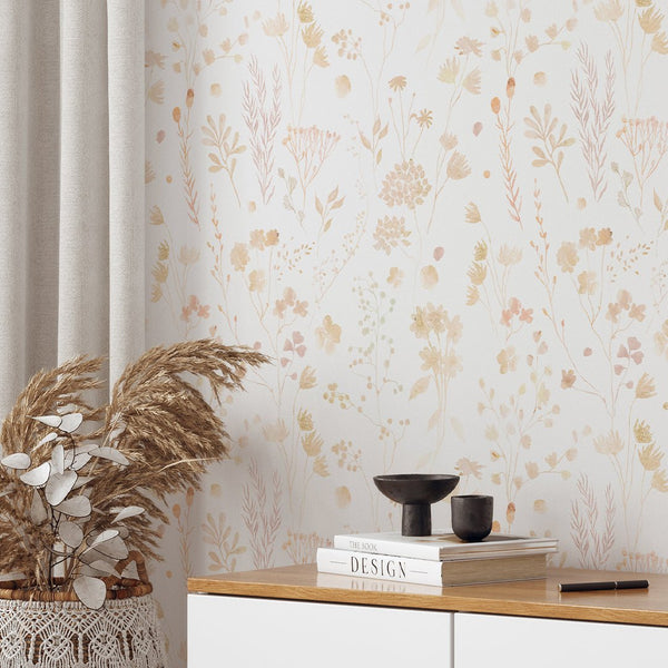 Pink & Gold Wildflowers Wallpaper W136 - CostaCover - Peel and stick Removable Wallpaper - Abstract - abstract floral - abstract wall art