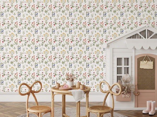 Yellow Flowers & Berries Wallpaper W075 - CostaCover - Peel and stick Removable Wallpaper - abstract wallpaper - accent wallpaper - adhesive wallpaper