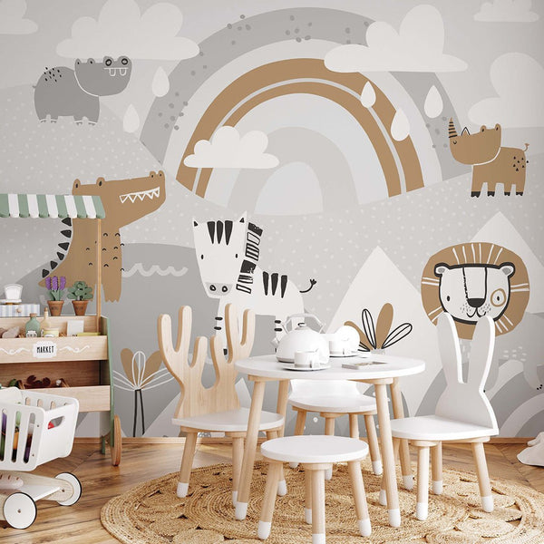 Gray Beige African Animals Wall Mural AM108 - CostaCover - Peel and stick Removable Wallpaper - accent wallpaper - adhesive wallpaper - africa