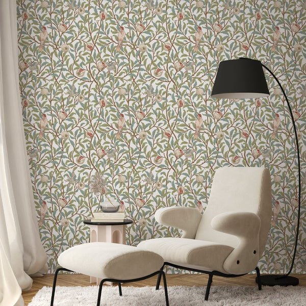 Green Bird & Pomegranate by Morris Wallpaper W088 - CostaCover - Peel and stick Removable Wallpaper - abstract wall art - abstract wallpaper - accent wallpaper